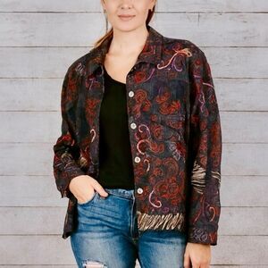Chico’s Embroidered Applique Embellished Bohemian Artsy Denim Jacket 2 Large 12